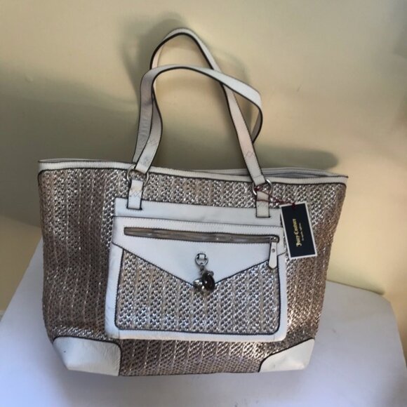 Juicy Couture NEW Y2K Leather Raffia Tote Satchel Shoulder Bag Clutch Wristlet - Picture 2 of 16